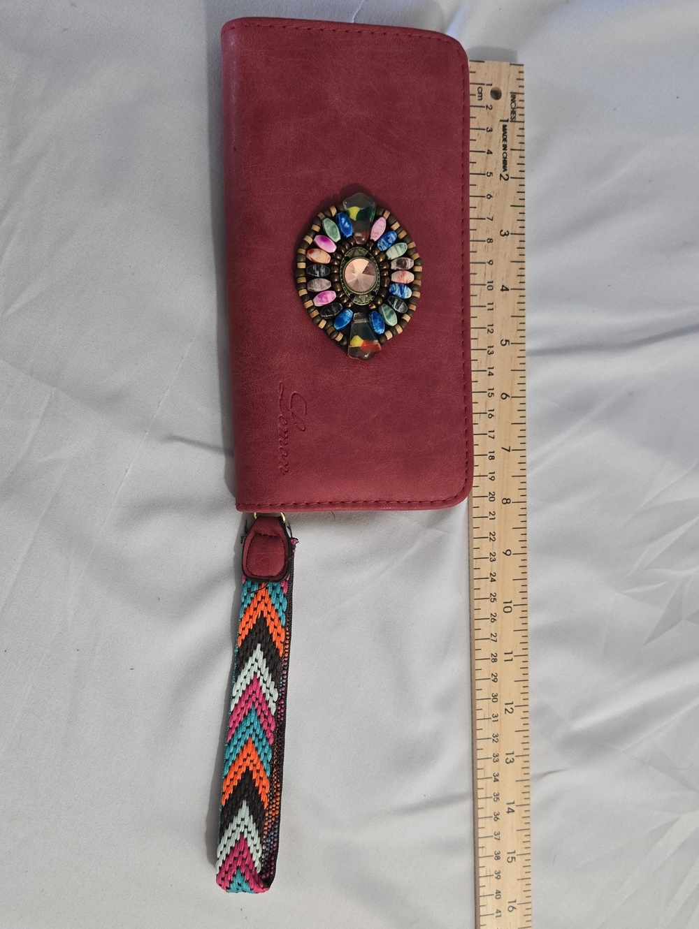 Lemon Burgundy Wristlet Clutch with Multicolor Beaded Medallion
